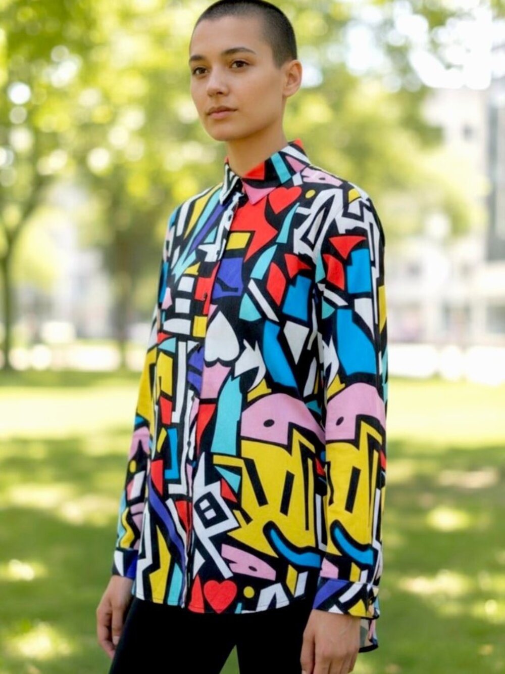 Big Dart Multicolor Graphic Print Collared L/S Hi-Low Shirt Size 12 (EUR 46) NWT